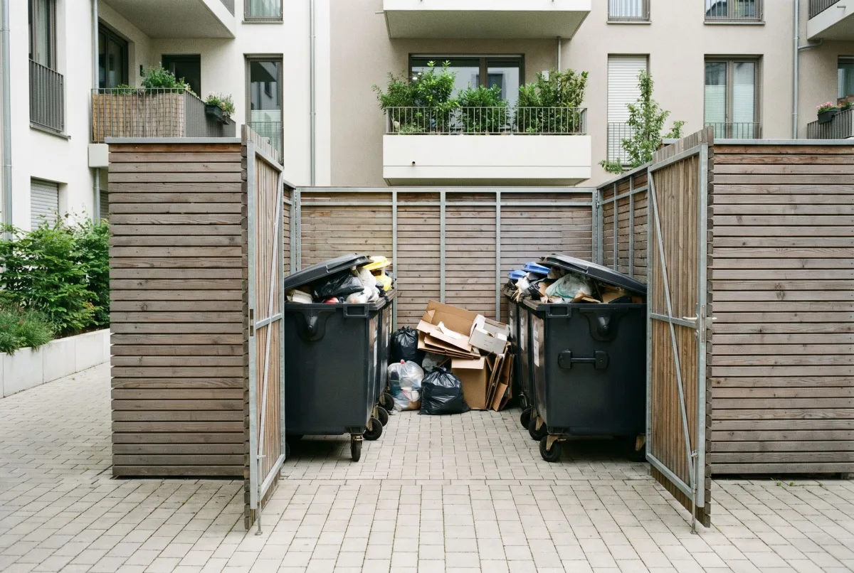 Überquellende Müllcontainer im Innenhof eines Mehrfamilienhauses