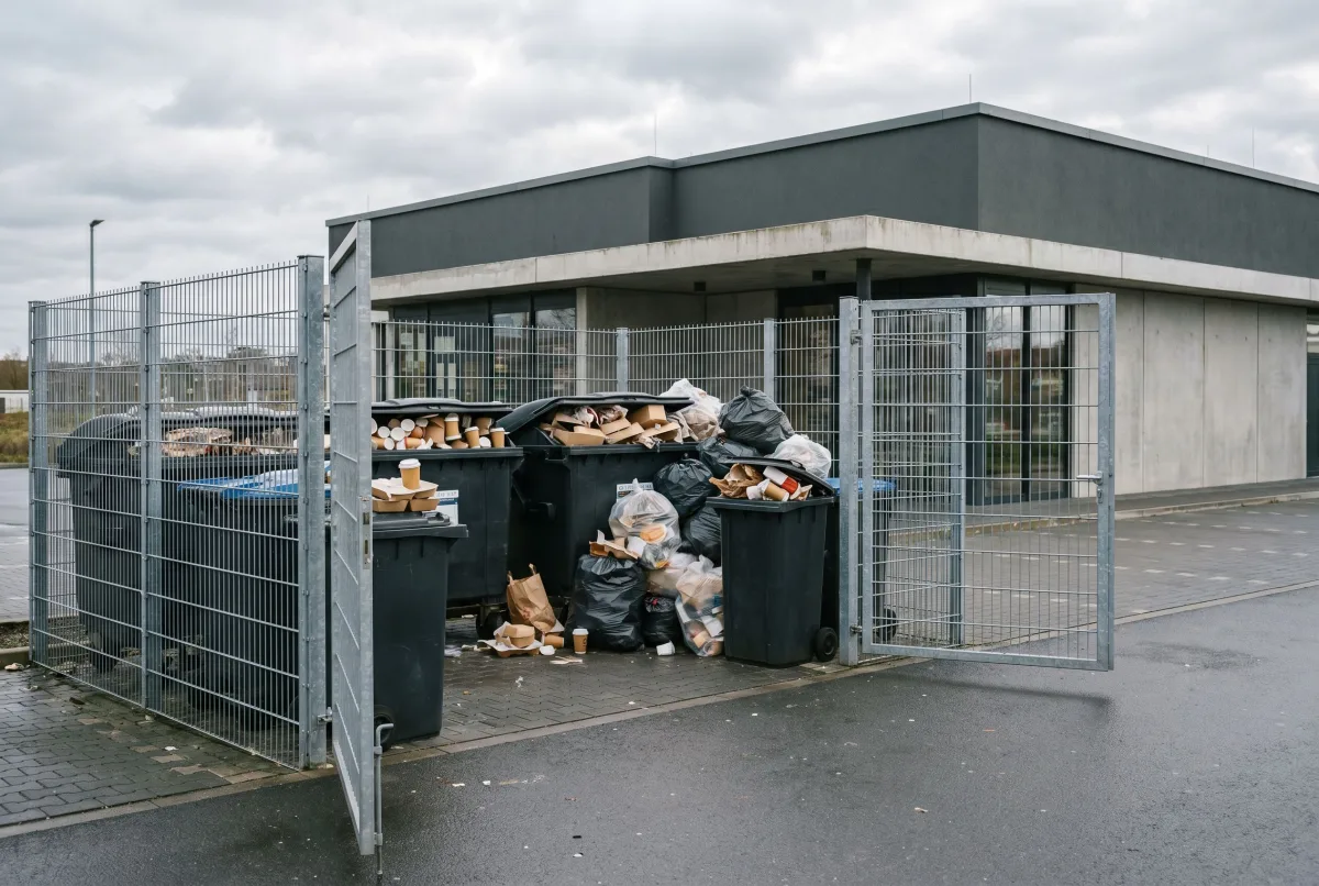 Volle Müllbehälter mit Einweg und Karton hinter einem Schnellrestaurant