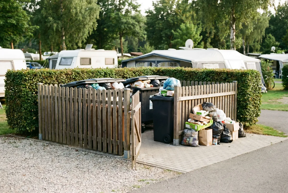 Überquellende Mülltonnen am Sammelplatz eines Campingplatzes