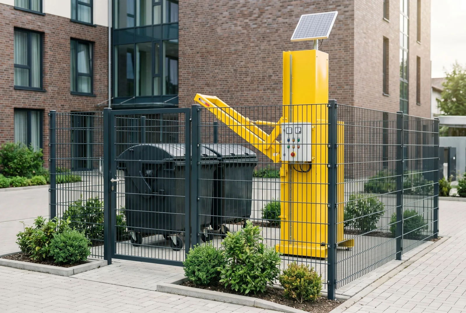 Ordentlicher, gepflegter und eingezäunter Müllplatz mit sauberem Container hinter einem modernen Gebäude